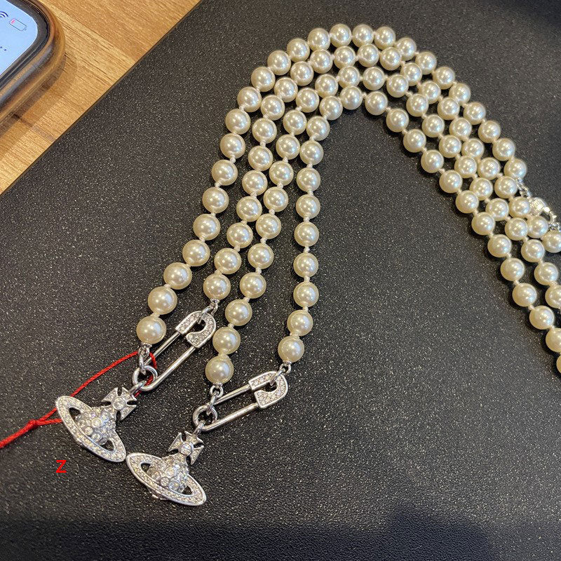 Seiko West Queen Pin Pearl Necklace Saturn Paperclip Pearl Pendant Pearl Jewelry Vintage Clavicle Chain Female