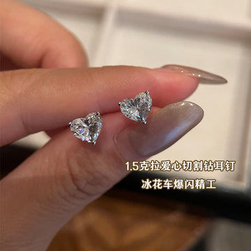S925 Silver Burst Heart Diamond Stud Earrings Seiko Ice Flower Car Heart-Shaped Cut Single Diamond Ear Bone Stud Earrings Live Broadcast Hit