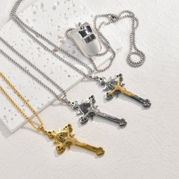 retro punk style trendy cross three-level helmet stainless steel niche personality necklace