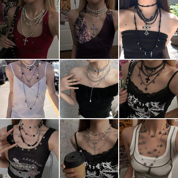 explosion multi-layer stacked pearl necklace subculture heavy industry punk hip-hop Y2K collarbone chain neck chain wholesale