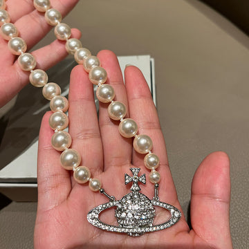 The Queen Mother of the West Great Saturn Full Diamond Pearl Necklace Medium Fashionable Chocker Versatile Clavicle Chain