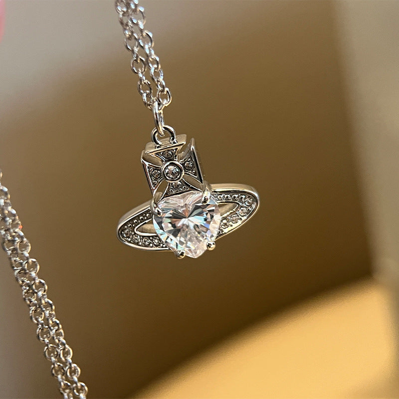 QUEEN MOTHER WEST WHITE HEART DIAMOND SATURN NECKLACE STUD EARRINGS ARIELLA CLASSIC FULL DIAMOND PLANET PENDANT EARRINGS