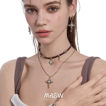 Original Design Nostalgic Collection Sweet Cool Starlight Cross Necklace Maillard Leather Neck Chain Sweater Chain