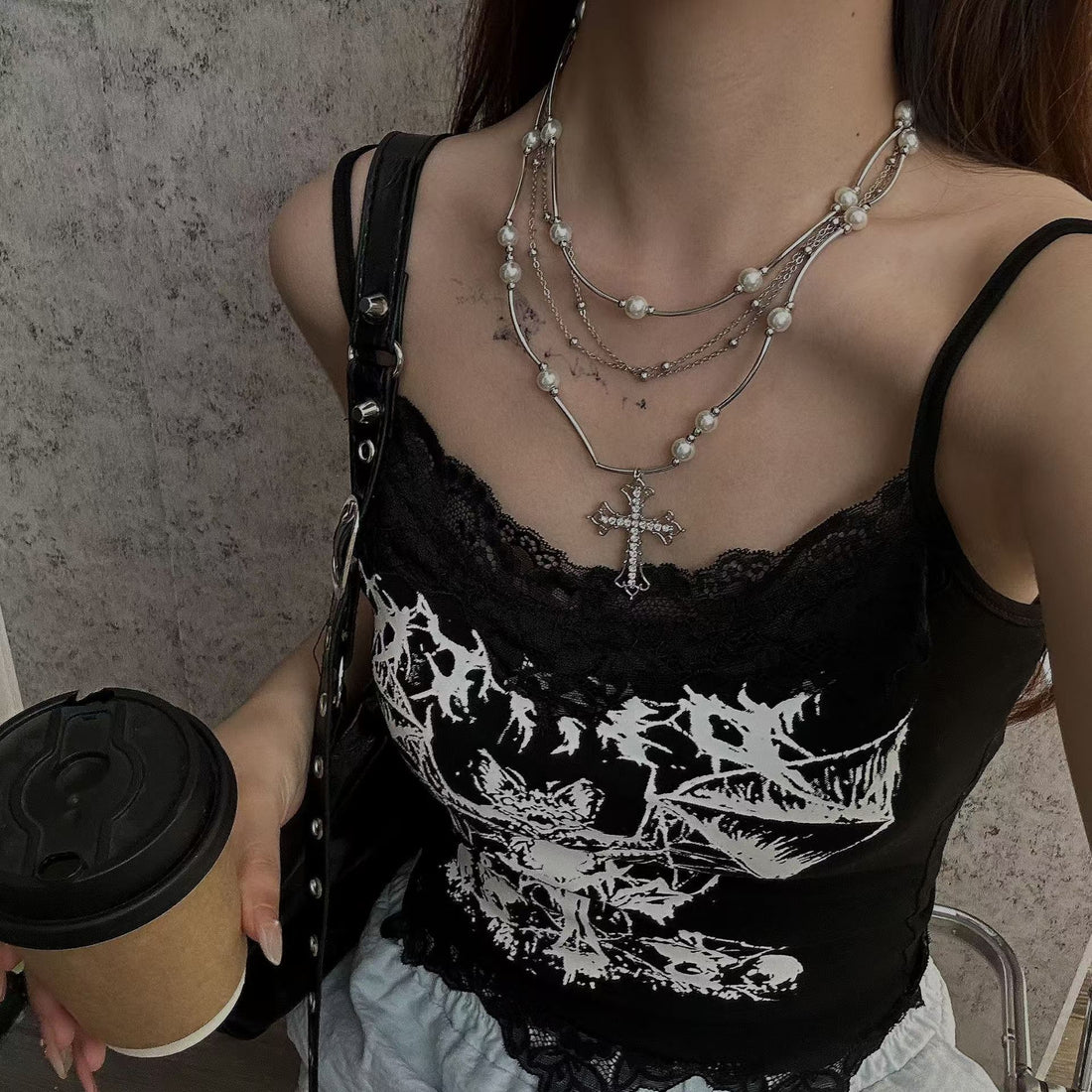 Popular Heavy Industry Pearl Necklace Women's Autumn and Winter Niche Punk Goth Collarbone Chain Sweet Cool Spice Girl Long Necklace