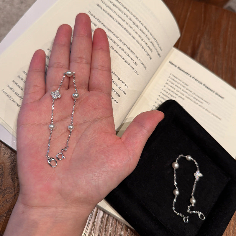 Live broadcast hit 925 silver full diamond butterfly pearl bracelet lucky clover exquisite flashing quality basic hand jewelry