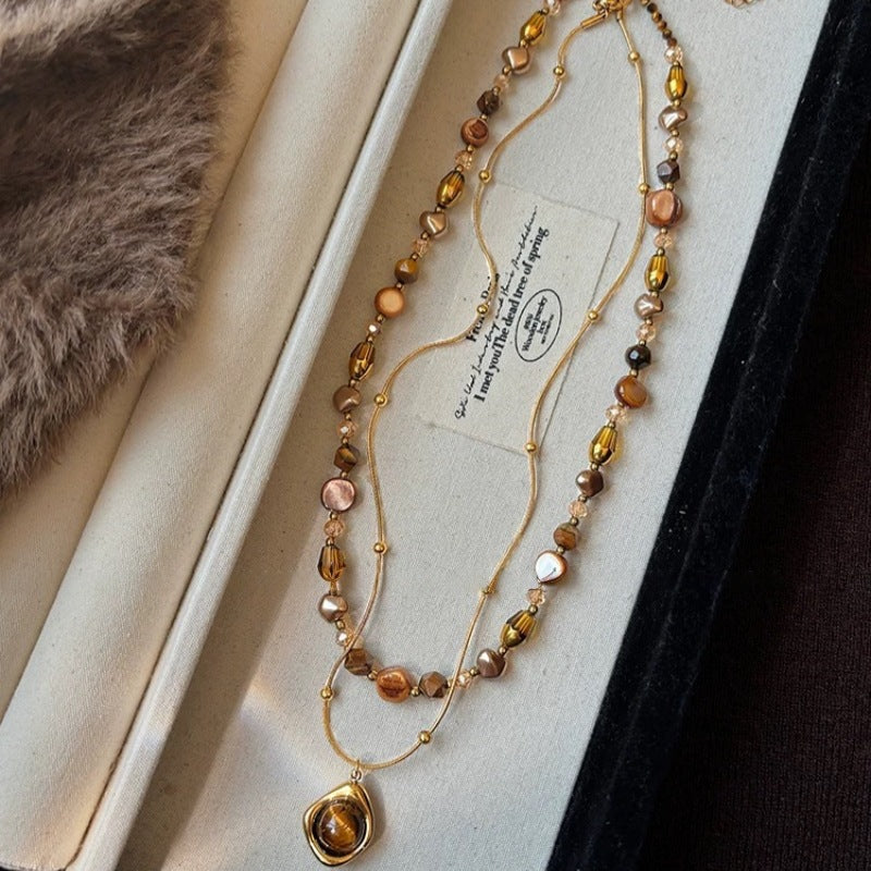 Maillard Tiger's eye stone beaded necklace women's autumn and winter high-end temperament sweater chain retro niche exquisite accessories