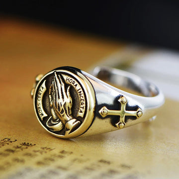 Prayer Hand Ring Men's Retro  Personality Punk Wind Cross Single Ring Men's and Women's Open Ring Wholesale
