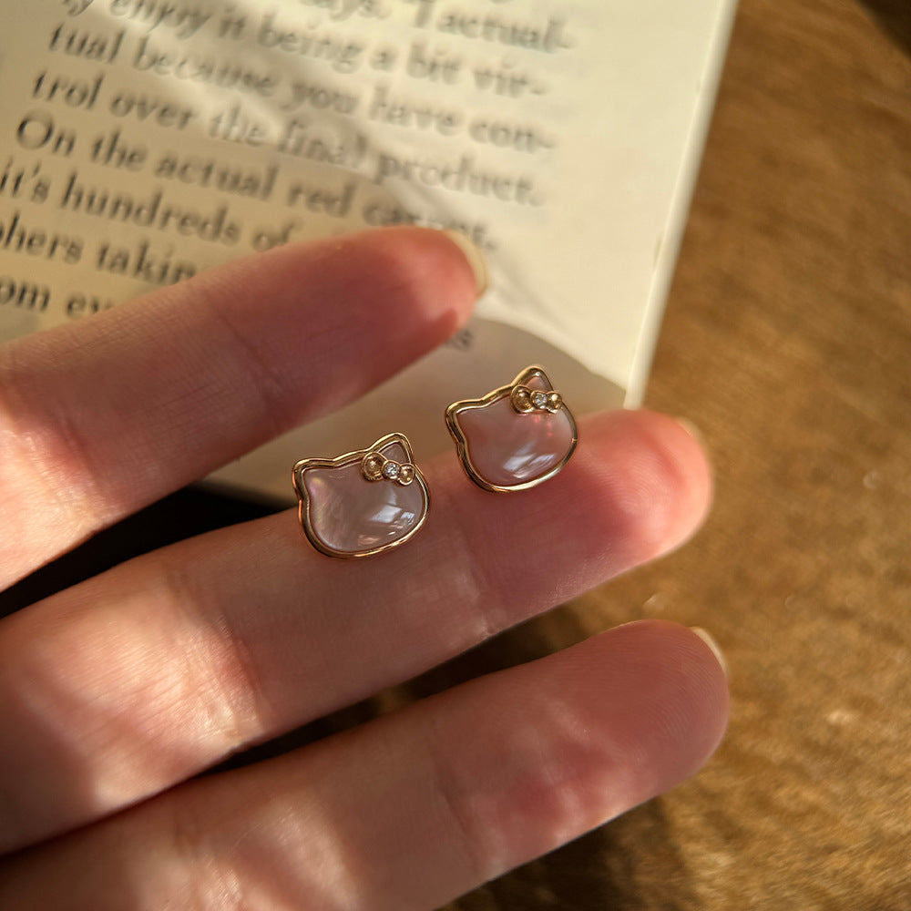 Live broadcast hit pink shell kitten stud earrings 925 silver natural mother-of-the-mother KT cat earrings sweet girlishness
