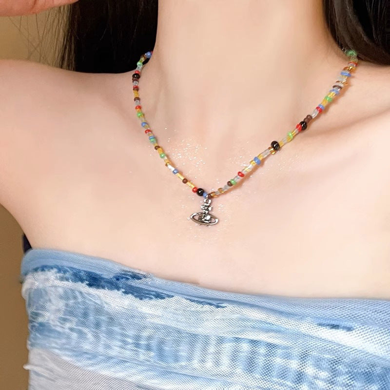 Homemade handmade colored beaded necklace women's summer design sense niche collarbone chain simple versatile neck chain