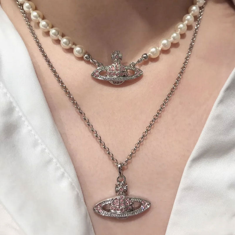 Empress Dowager Gao Xi pink diamond Saturn chain necklace full diamond Saturn pendant light luxury niche necklace explosive