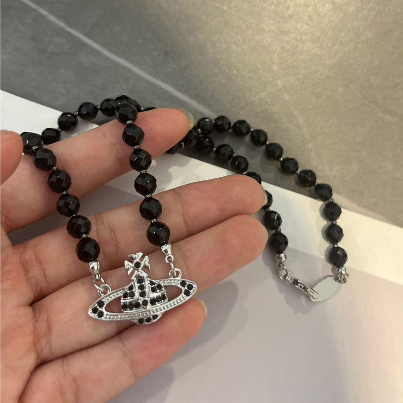 Queen Mother of the West Black Onyx Shining Diamond Saturn Necklace Black Choke Niche European and American Clavicle Chain