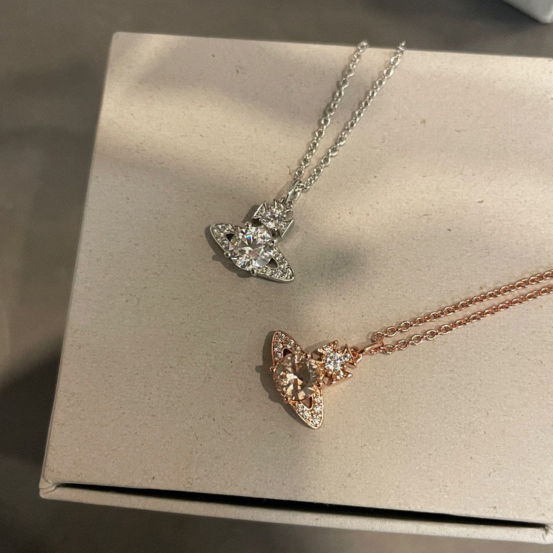 The new Queen Mother of the West single diamond full diamond small Saturn necklace round diamond planet collarbone chain women's model can be stacked