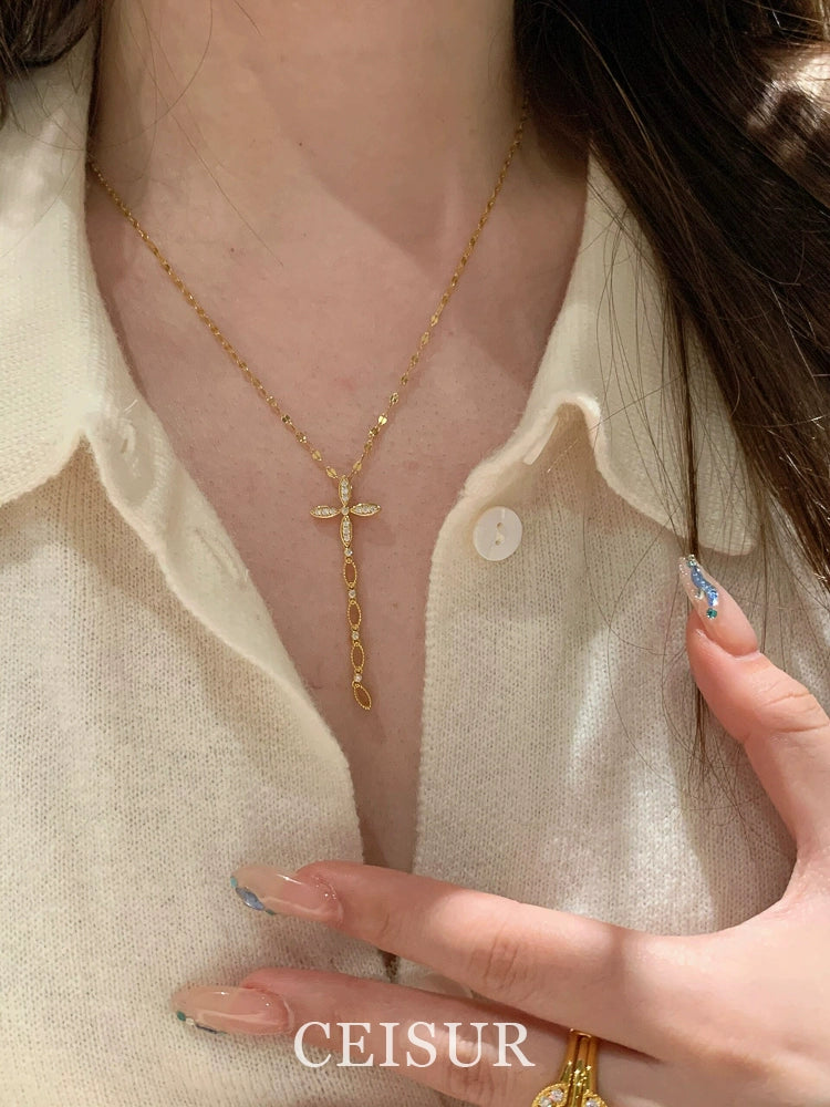 Stack a two-piece set ~ super flash tassel cross dot diamond necklace fashionable long collarbone chain stacked compass necklace