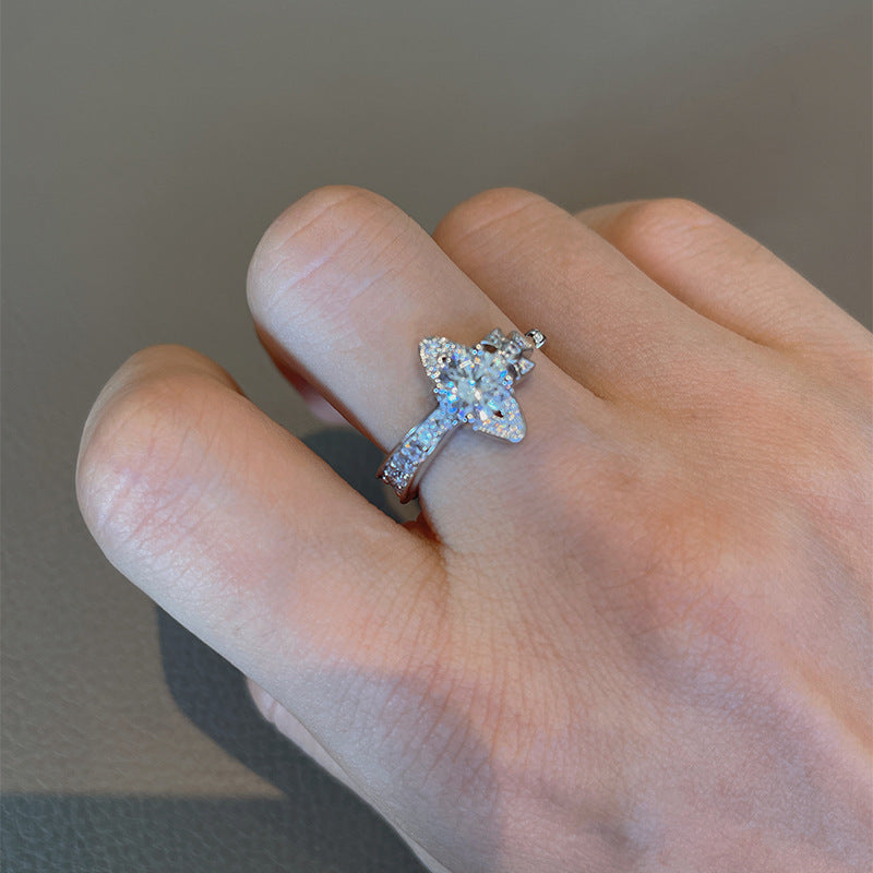 Queen Mother West Full Diamond Open Saturn Ring Planet Single Diamond Ring Crown Set Diamond Ring 925 Silver