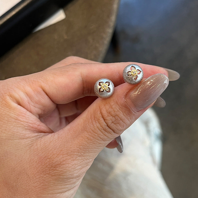 Live broadcast hit Italian brushed technology, sterling silver 18K gold, delicate adzuki bean earrings, four-leaf clover hollow earrings