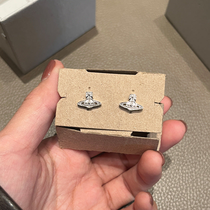 Queen Mother West OSLO Embossed Mini Saturn Stud Earrings 925 Sterling Silver Mini Flat Small Saturn Earrings