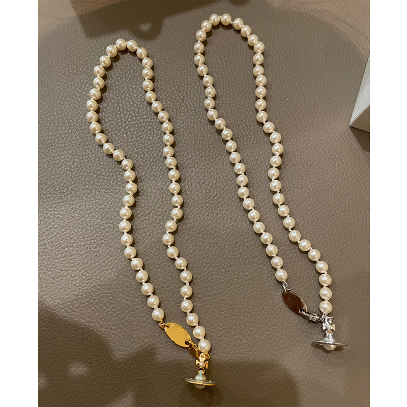 Queen Mother of the West gilt blue three-dimensional Saturn pearl necklace white enamel orb saucer pearl necklace