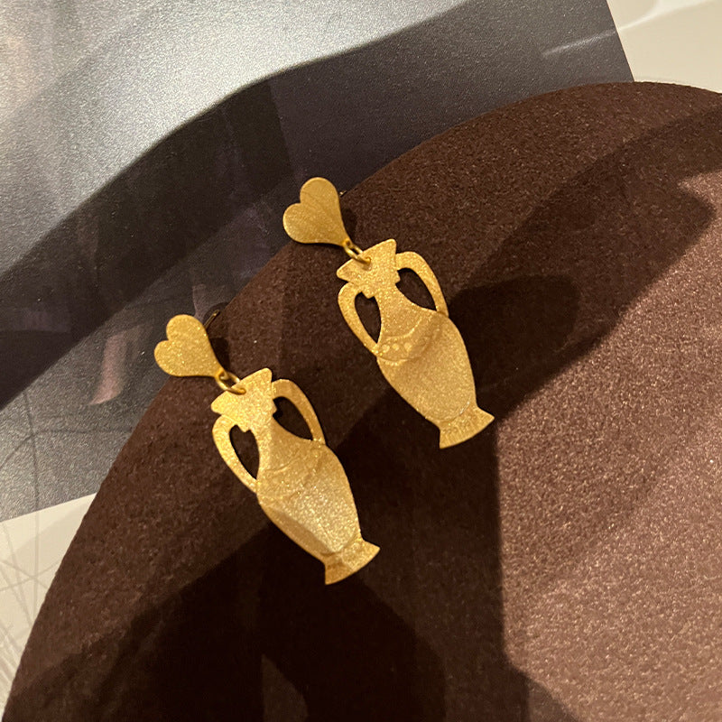 Spanish AS Vintage Vase Earrings Brushed Silver Gold Plated Pre-loved Vintage Design Sense Fashionable Earrings