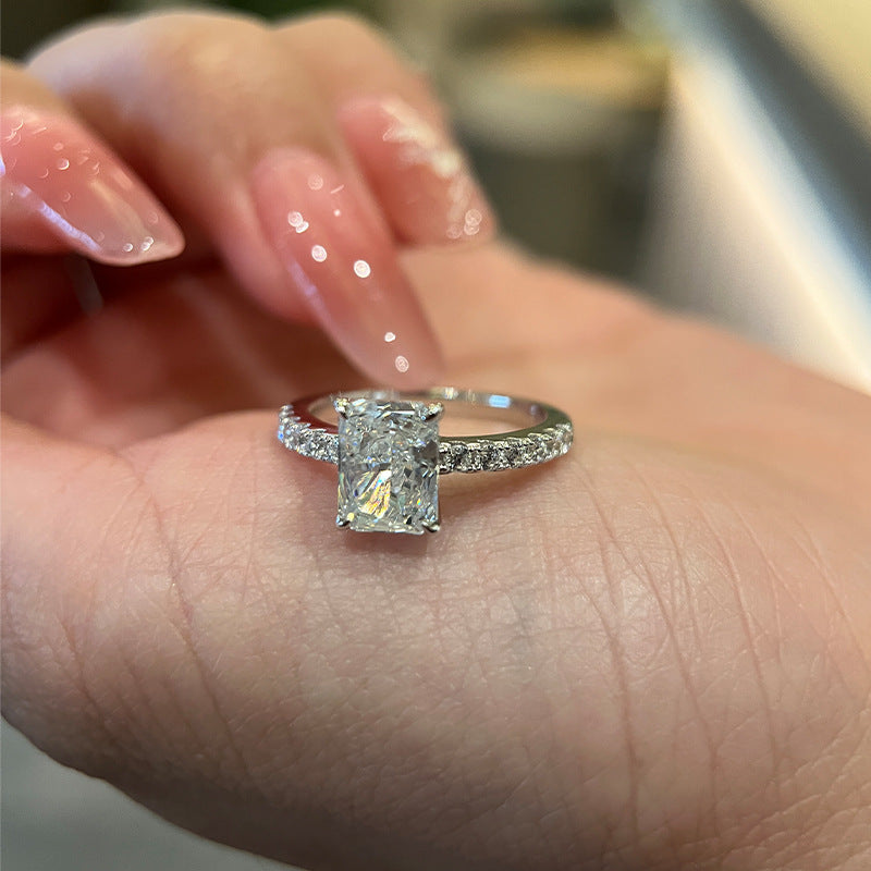 Jewelry, flat micro-set princess square diamond ring, silver cushion-shaped diamond, ultra-flash sugar cube imitation diamond ring, live broadcast