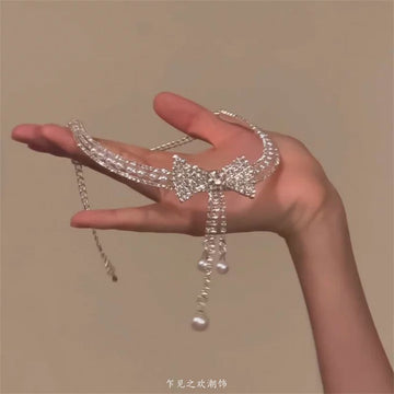 Ambition's original [Galaxy Praise] flash zirconium bow pearl necklace dinner dress choker collarbone chain