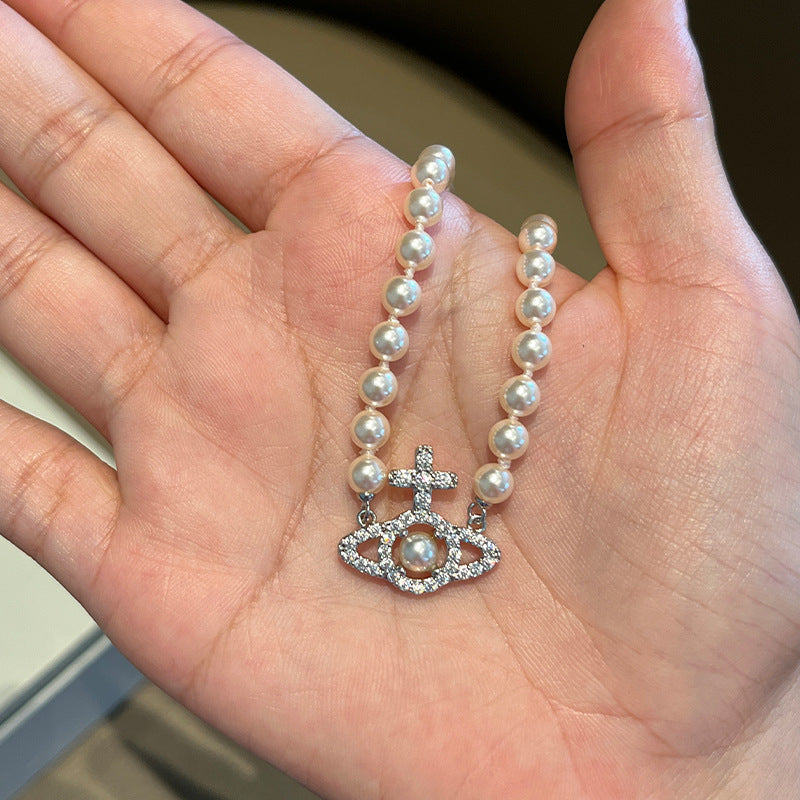 Queen Mother Olympia Small Sandwich Necklace Full Diamond Hollow Saturn Pearl Necklace 5mm Austria Beaded Chain