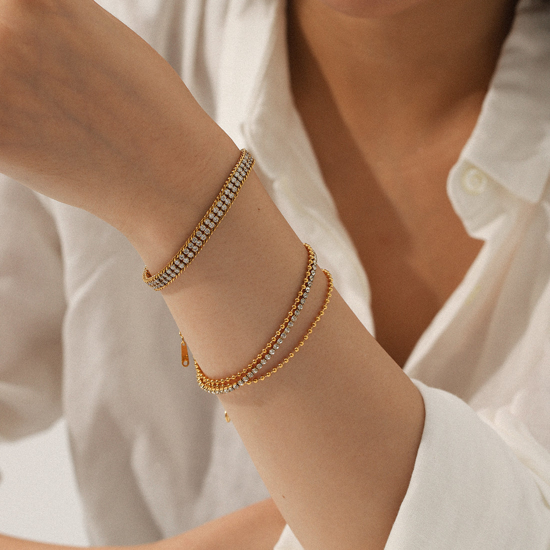 European and American 18K gold stainless steel inlaid double-layer white zircon bracelet light luxury high-end jewelry titanium steel jewelry