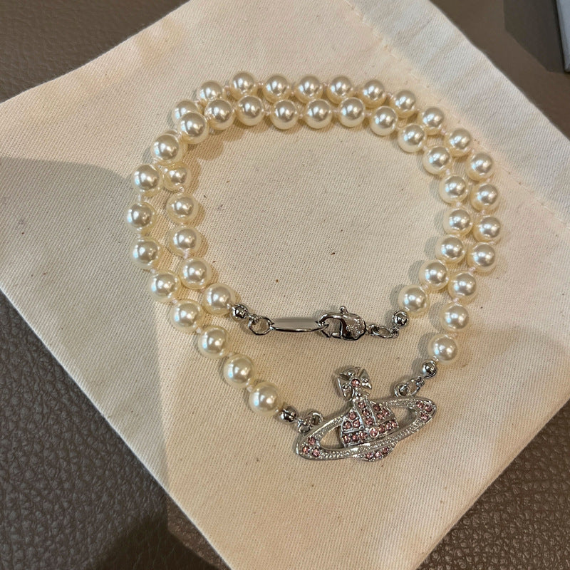 Queen Mother West Pink Diamond Saturn Pearl Necklace Pink Planet Pendant Women's Clavicle Chain Can Be Stacked and Versatile