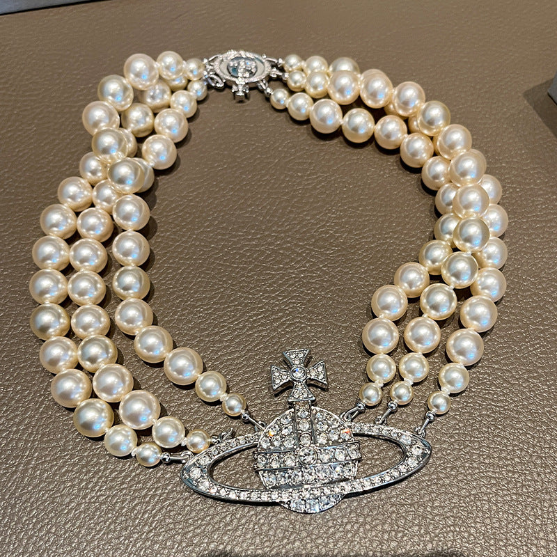 The Western Queen Mother's three-layer Saturn pearl necklace retro exaggerated full of diamonds, large Saturn clavicle chain, Yanzhen with the same choker