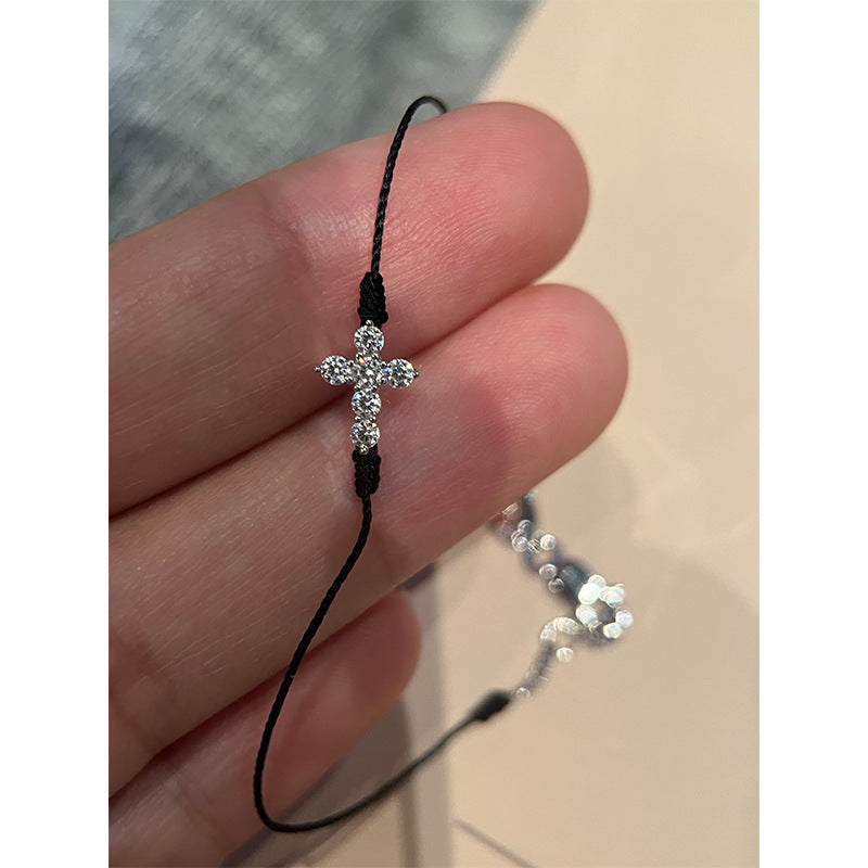 925 silver full diamond cross black rope bracelet flashing extremely fine basic bracelet versatile stacking live broadcast explosive model