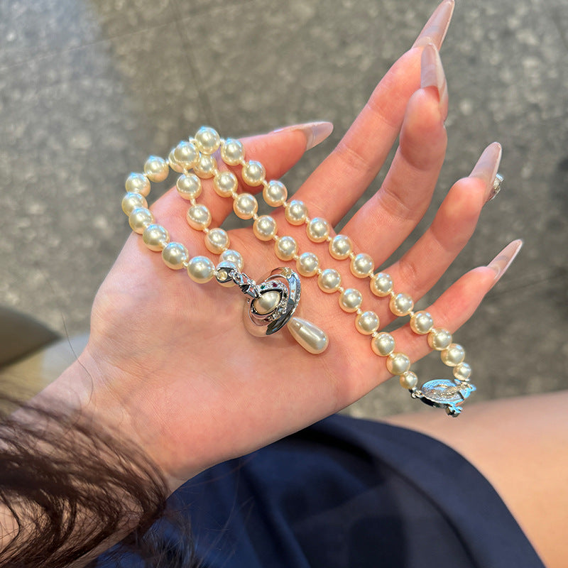 Queen Mother West Water Drop Pearl Pendant Three-dimensional Saturn UFO Pearl Necklace Choker Vintage Female Clavicle Chain
