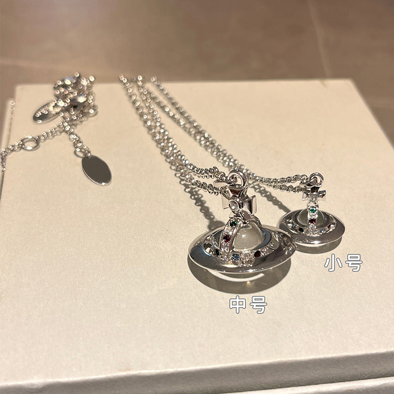 The Queen Mother of the West medium three-dimensional planet necklace orb transparent glass bead pendant color diamond Saturn clavicle chain women