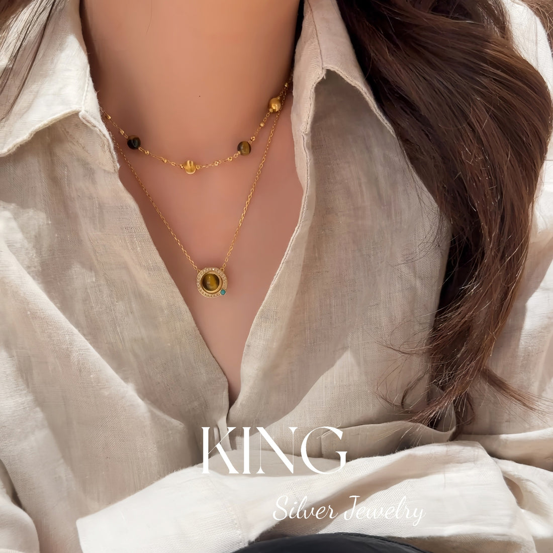 Tiger Eye Planet | Vintage Double-Sided Tiger Eye Opal Cat Eye Necklace Stacked with Niche Necklace Gold Bead Bracelet Accessories