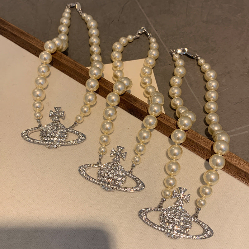 The Queen Mother of the West Great Saturn Full Diamond Pearl Necklace Medium Fashionable Chocker Versatile Clavicle Chain