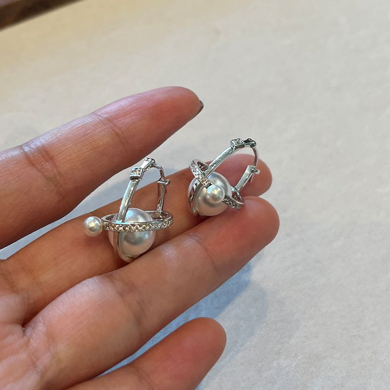 Seiko three-dimensional universe planet earrings S925 silver fungus needle Shijia pearl double bead earrings niche high-end earrings