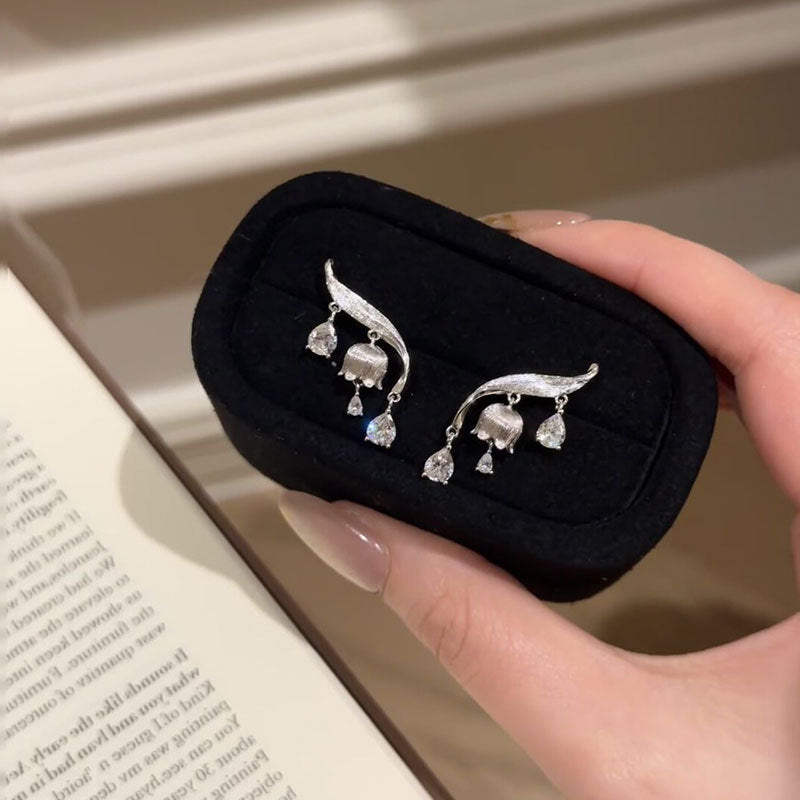 Heavy Industry Brushed Lily of the Valley Water Drop Zircon Earrings Women's Light Luxury High Sense Personality Fashion Versatile Earrings Earrings