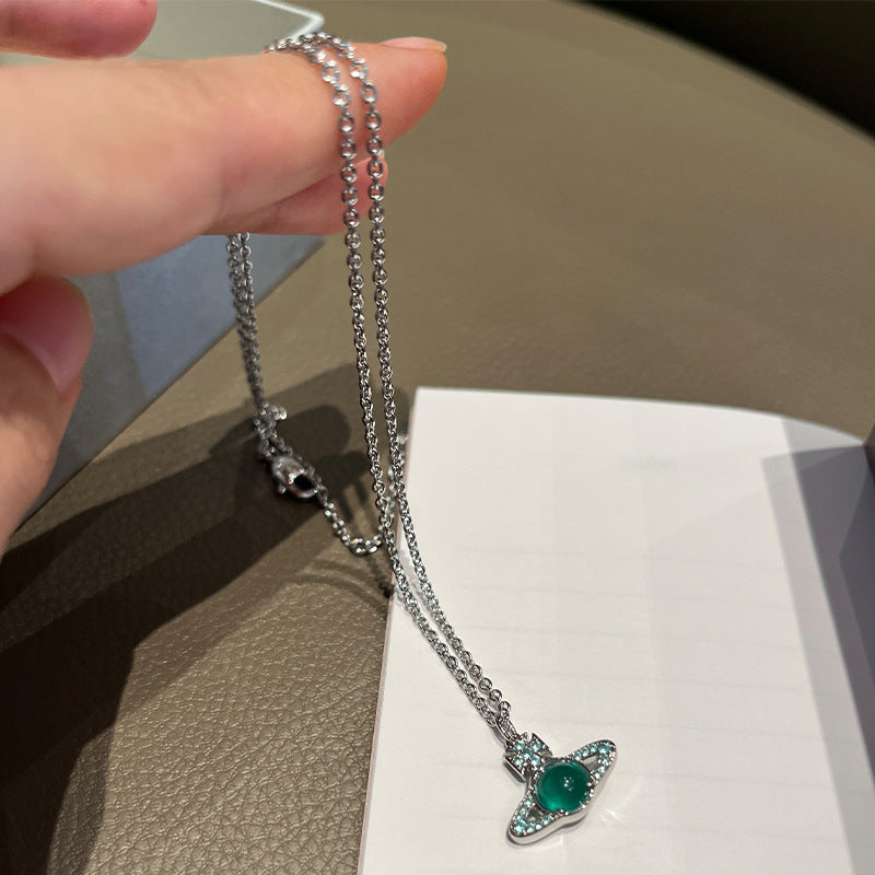 West Queen Mother Lake Blue Transfer Bead Necklace Bracelet Turn Pendant Niche Fashion Jewelry