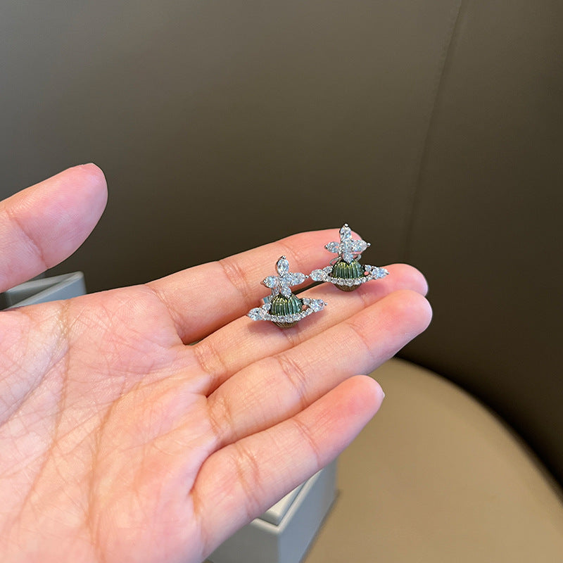 High Quality Queen Mother West Healing Olive Green Pink Enamel Diamond Planet Stud Earrings Spring Summer New Earrings