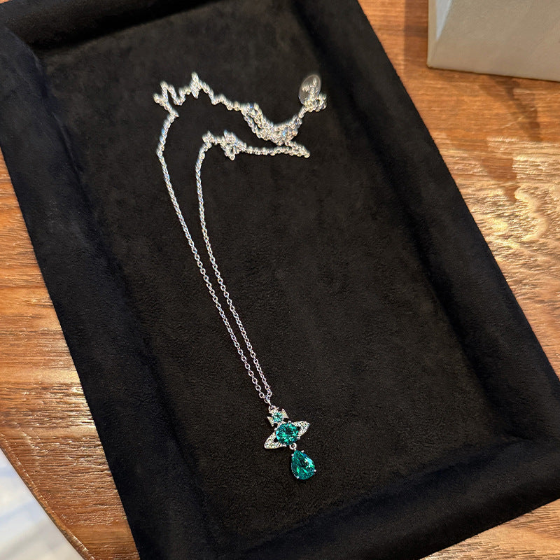High version Empress Dowager Xi emerald mermaid tears Saturn necklace limited sparkle blue emerald water drop diamond necklace