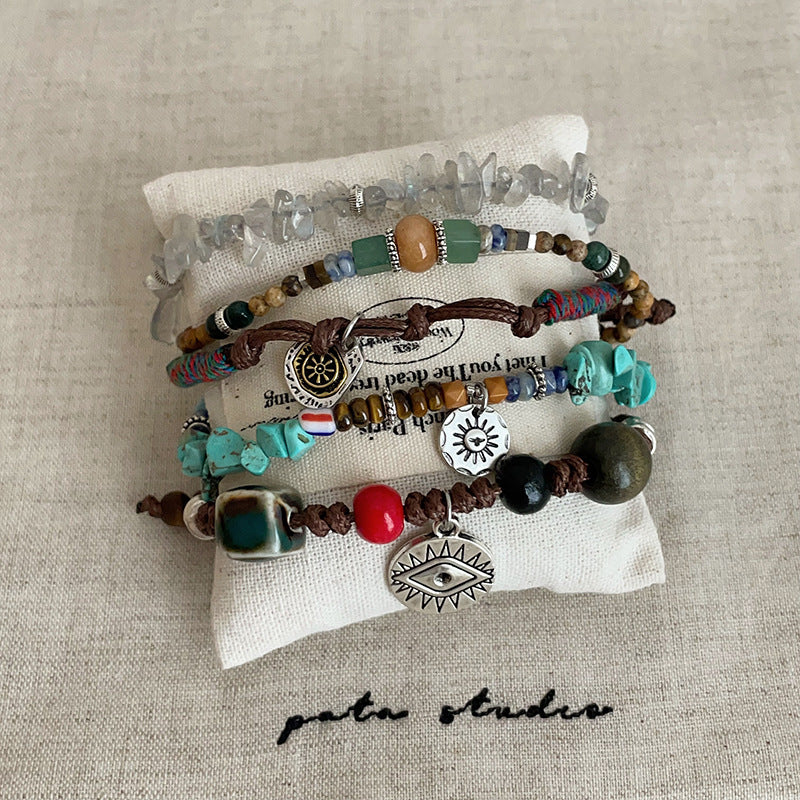 Bohemian ethnic style colored natural stone braided rope bracelet women's retro light luxury fashion versatile bracelet jewelry