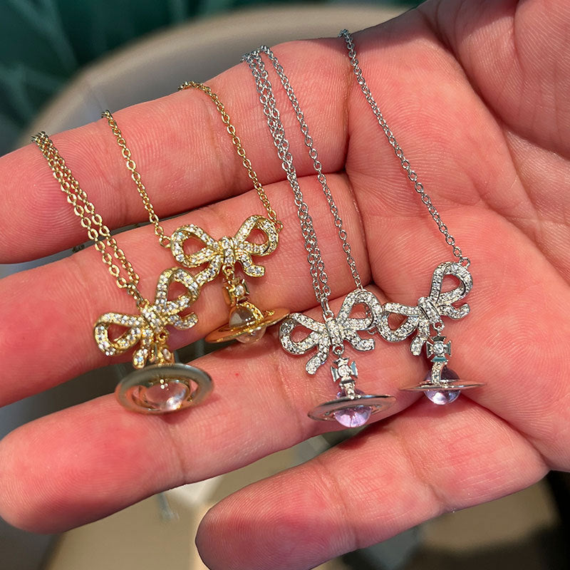 West Queen Mother orb bow planet necklace girl necklace 925 silver gold powder silver purple ball