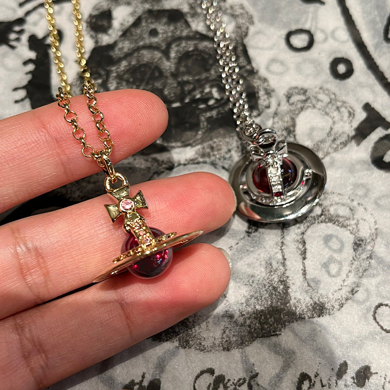 Limited color: Queen Mother of the West, medium red ball, three-dimensional Saturn, orb necklace, diamond-encrusted planet, aviator, sweater chain accessory