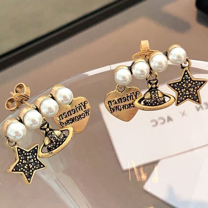 Medieval matte vintage brass star stud earrings retro premium feeling enamel drip Saturn pendant earrings women