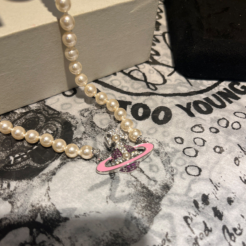 Pink enamel pearl Saturn necklace Queen Mother West pendant choker clavicle chain thousand seals hot girl sweet cool necklace