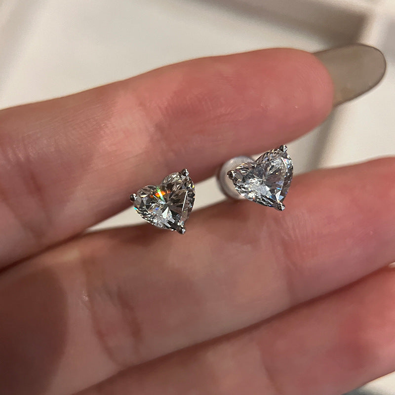 S925 Silver Burst Heart Diamond Stud Earrings Seiko Ice Flower Car Heart-Shaped Cut Single Diamond Ear Bone Stud Earrings Live Broadcast Hit