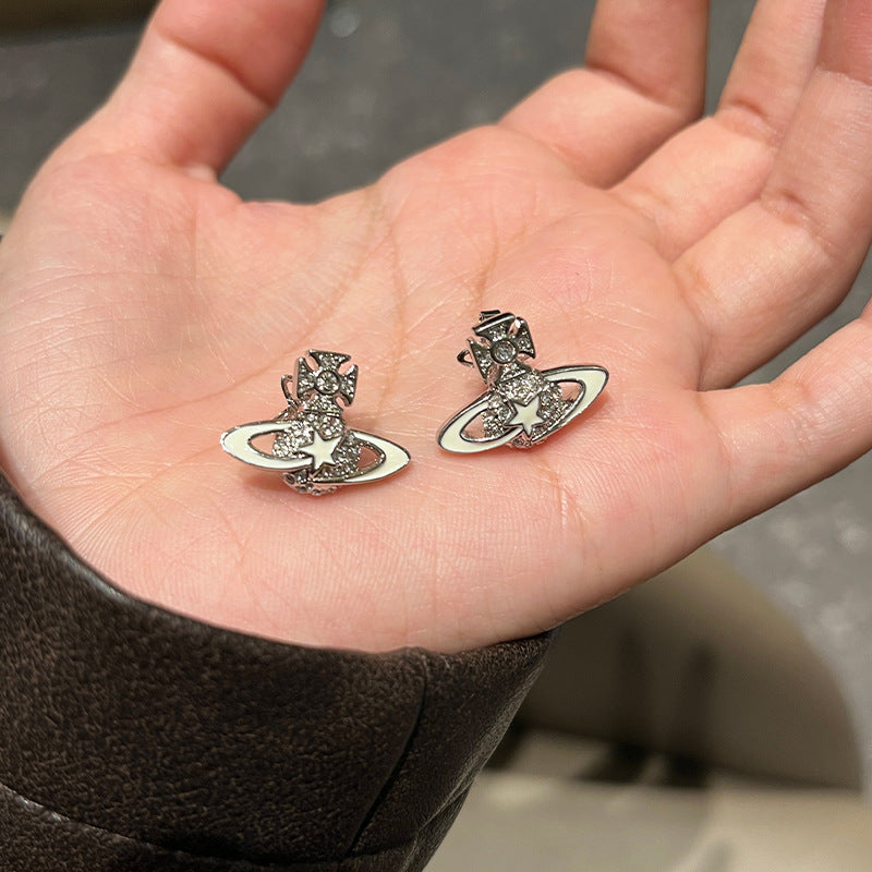 Seiko West Queen Mother Blue White Star Meteor Pentagram Star Stud Earrings Full Diamond Saturn Planet Sweet Cool Wind Earrings