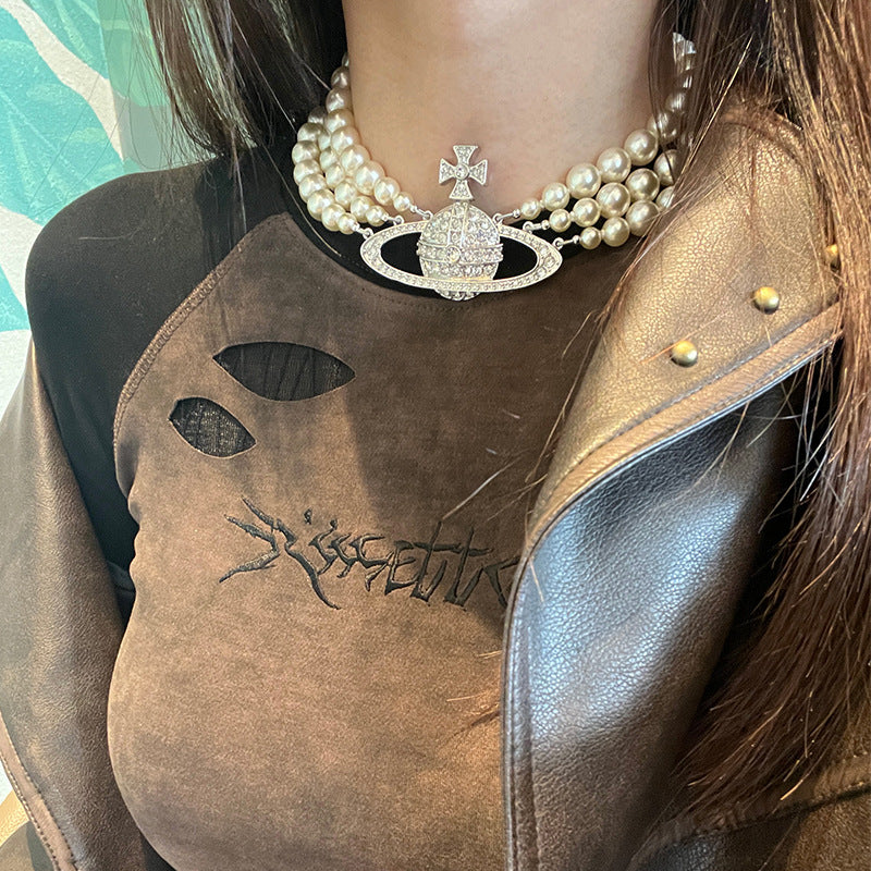 The Western Queen Mother's three-layer Saturn pearl necklace retro exaggerated full of diamonds, large Saturn clavicle chain, Yanzhen with the same choker