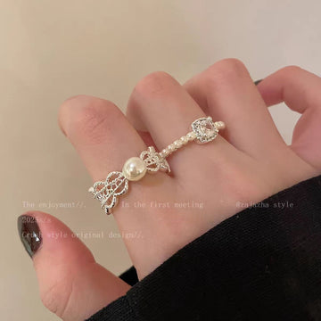 French light luxury pearl lace flash diamond ring women's simple niche personality design opening adjustable index finger ring