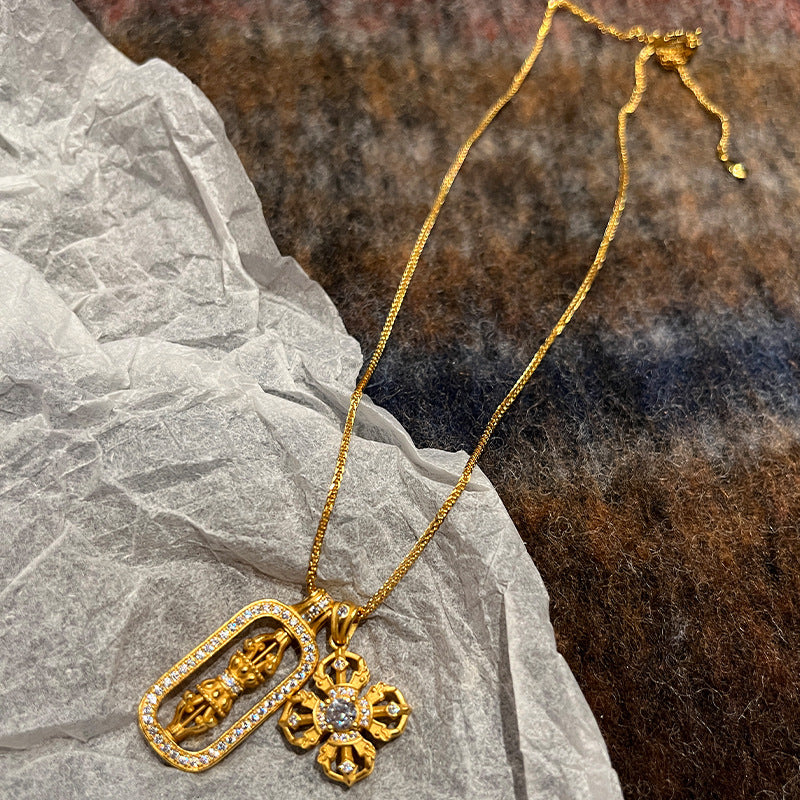 Gold flat ancient method heavy industry vajra necklace silver gold-plated cross point diamond rotatable pendant live broadcast hit