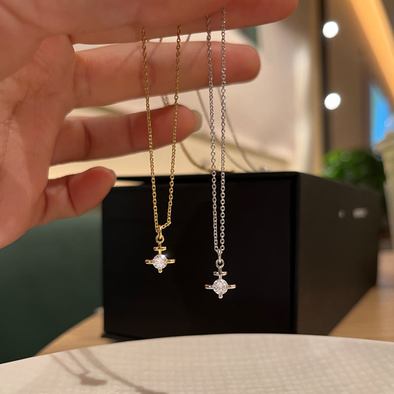 The Queen Mother of the West mini three-dimensional single diamond necklace 925 silver thick gold stacked simple and versatile clavicle chain