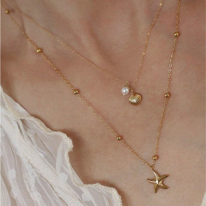 European and American cross-border new starfish shell pearl pendant necklace light luxury niche versatile cold wind collarbone chain women